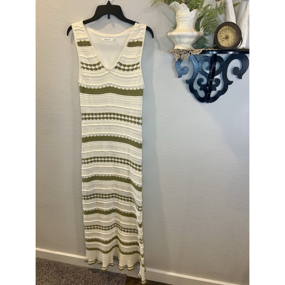 idem ditto Cream Olive Green Crochet Maxi Dress Sz L Boho Western Cottage As Is